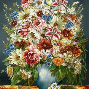 نخ و نقشه تابلوفرش طرح گل های گلدان آبی