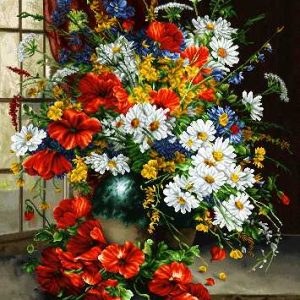 نخ و نقشه تابلوفرش طرح گل های سفید و قرمز