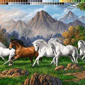 نخ و نقشه تابلوفرش طرح اسبها در طبیعت شاد