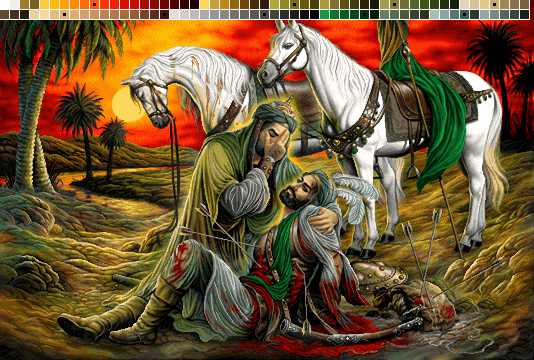 نخ و نقشه تابلوفرش طرح سقای کربلا و حسین ابن علی