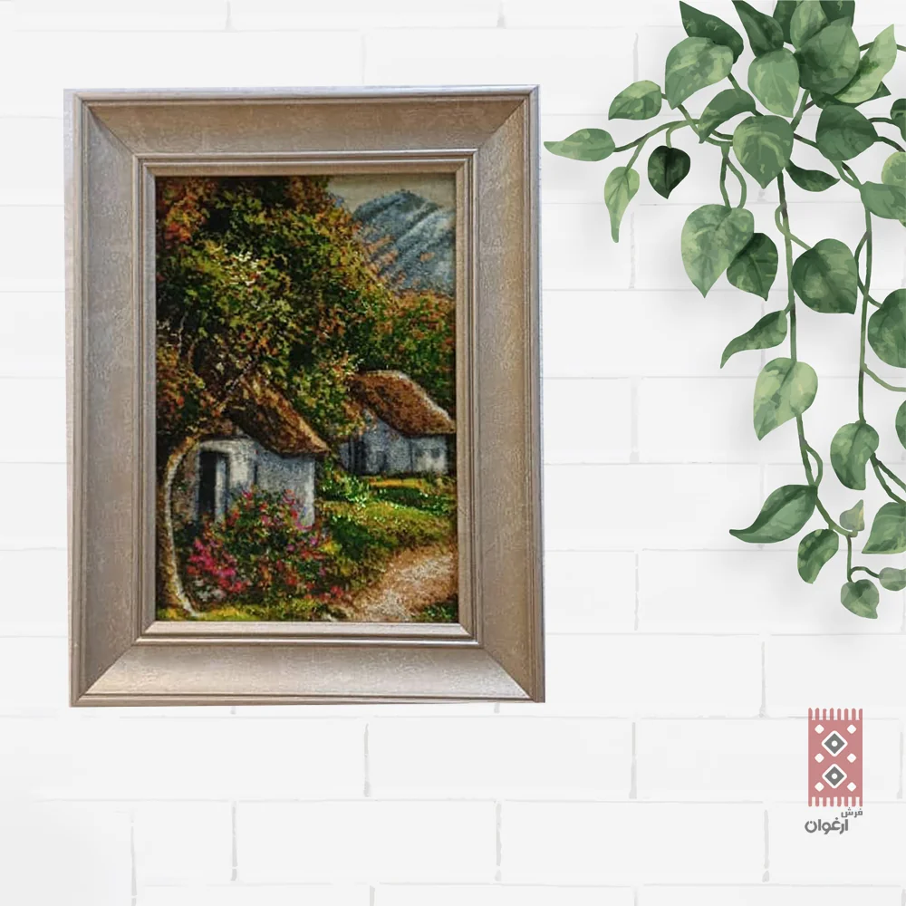 تابلو فرش دستباف طرح کلبه و جنگل